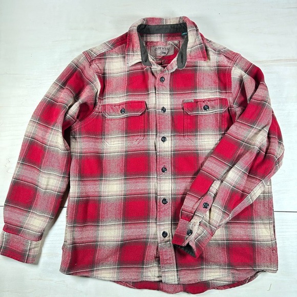 Orvis Heavy Flannel Shirt Jacket Pockets Plaid‎ Red Tan Mens M Button - Picture 1 of 9